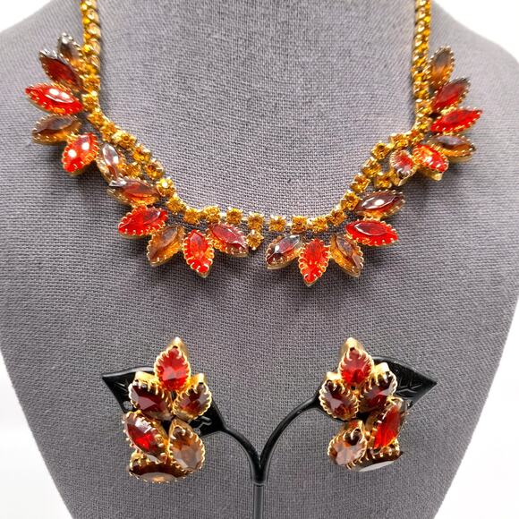 Vintage Orange Topaz Rhinestone Necklace Earrings Set, Gold Plated, 1960s - Picture 3 of 10
